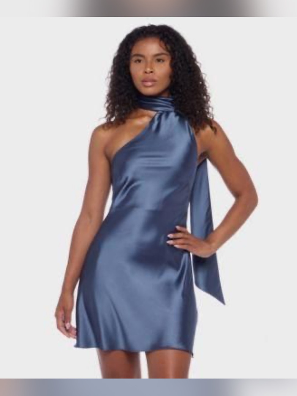 Alex & Sophia Satin One-Shoulder Mini Dress in Slate Blue size 3/4 New